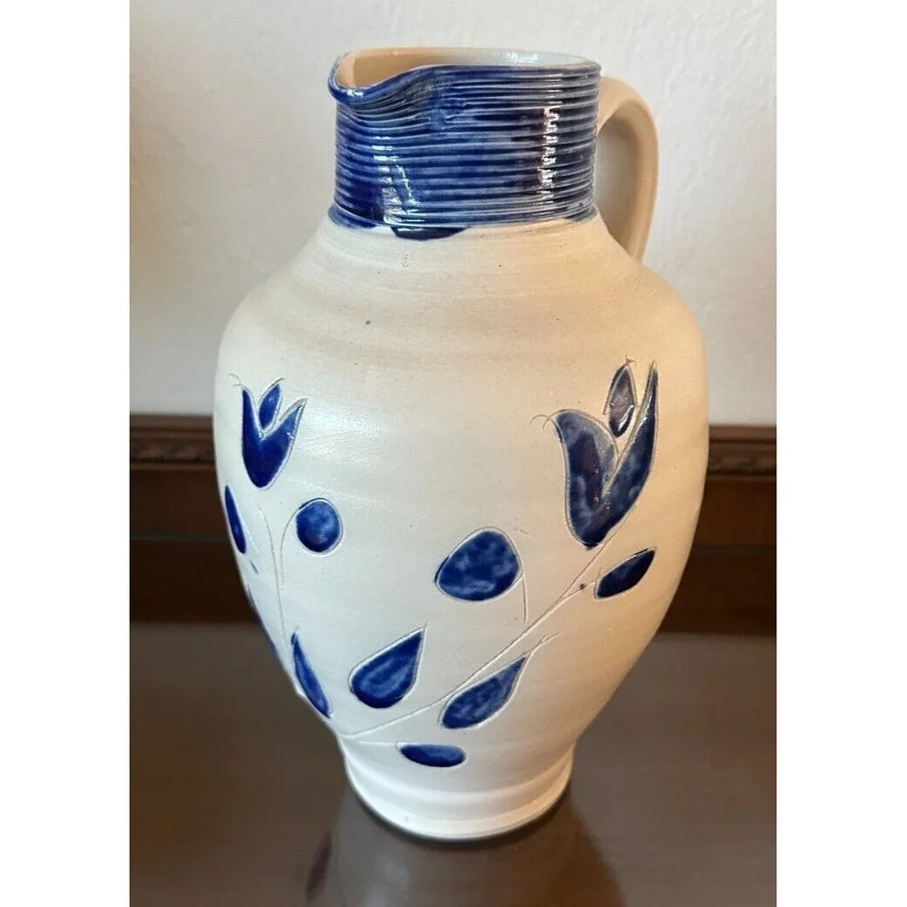 Unmarked Stoneware Salt Glaze Blue Floral & Striped 10.5